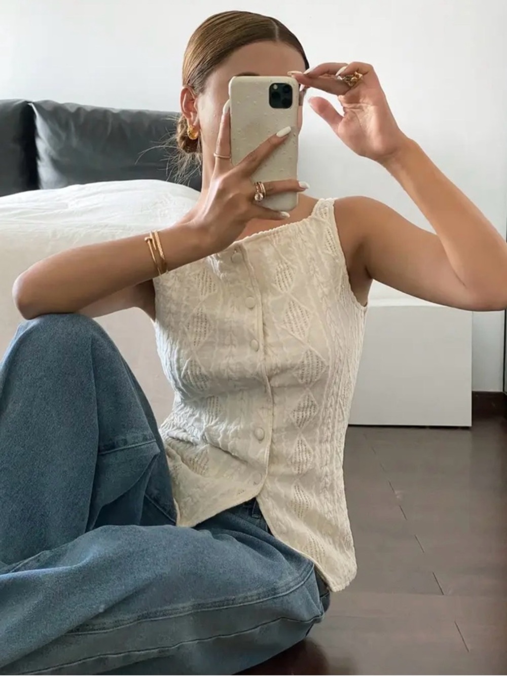 Sleeveless Cream Knit Button-Front Top